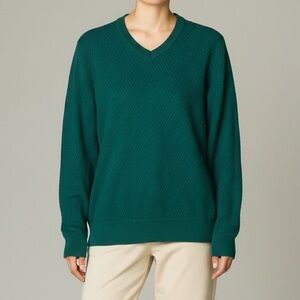 Vintage Turquoise Merino Wool Sweater Women's S V Neck Textured Knit Soft Cozy